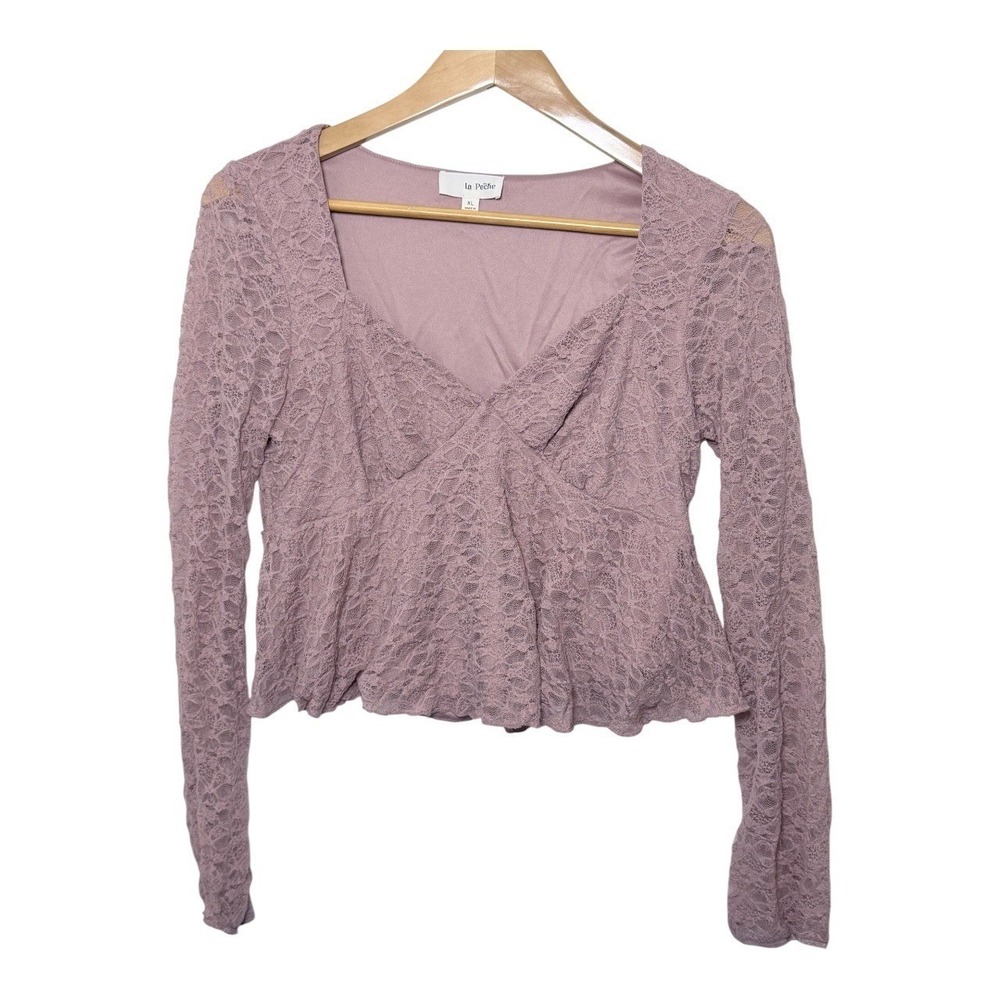 La Peche Lace Peplum Top Womens XL Mauve Purple Surplice Long Sleeve Blouse